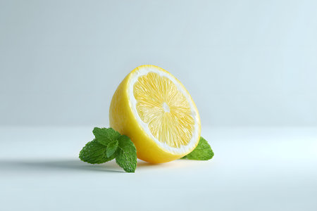 A light blue cup of coffee with latte art sits on a yellow plate next to a bowl filled with colorful fruit. The setting is bright and cheerful, perfect for a morning meal.の素材