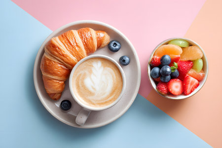 A light blue cup of coffee with latte art sits on a yellow plate next to a bowl filled with colorful fruit. The setting is bright and cheerful, perfect for a morning meal.の素材