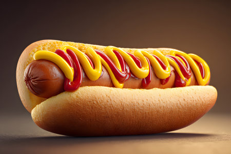 A hot dog sits in a soft bun topped with yellow mustard and red ketchup. The bright yellow background adds a fun touch, perfect for summer gatherings and outdoor grilling.の素材