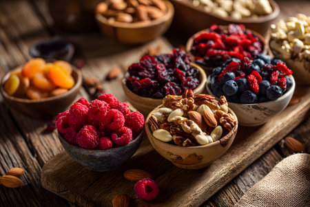 Variety of nuts and dried fruits presented in small wooden bowls on a wooden table. The scene is well-lit, highlighting colorful contrasts and textures of the snacks.の素材