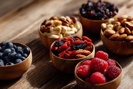 Variety of nuts and dried fruits presented in small wooden bowls on a wooden table. The scene is well-lit, highlighting colorful contrasts and textures of the snacks.の素材
