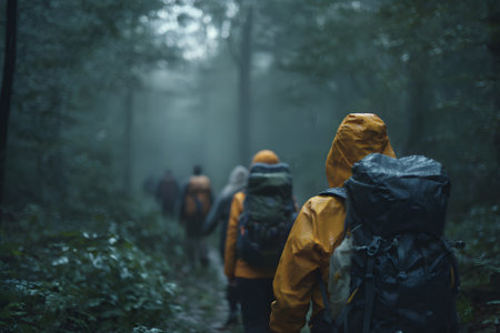 Hikers with backpacks trek along a narrow path through a foggy forest. They wear vibrant jackets, showing beautiful fall colors. The atmosphere feels cool and serene.の素材