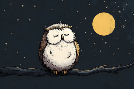 A cute owl sits peacefully on a branch during a clear night. The bright yellow moon shines above, surrounded by twinkling stars, creating a serene atmosphere.の素材