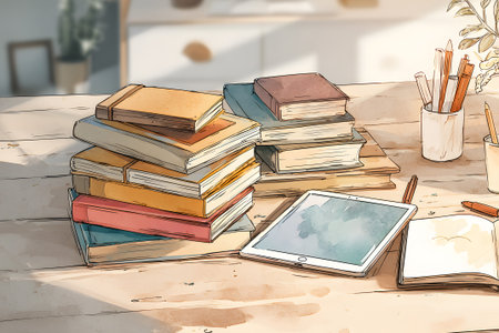 A cozy reading nook filled with a stack of colorful books, a steaming cup of coffee, and electronic devices. The warm light enhances the inviting atmosphere, perfect for relaxing.の素材