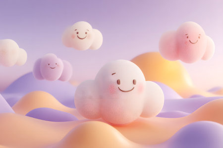 Soft, smiling clouds drift above smooth, pastel-colored hills during a serene sunset, creating a whimsical and joyful atmosphere. The scene evokes a sense of calm and happiness.の素材