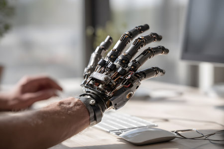 A robotic hand is reaching toward a computer mouse on an organized desk. The setting features a bright, modern workspace with various tech items nearby.の素材