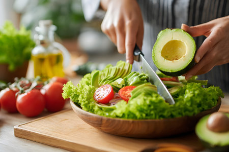 Hands chop fresh vegetables including cucumbers, tomatoes, and lettuce in a clear bowl on a sunny kitchen counter. Fresh ingredients create a vibrant meal.の素材