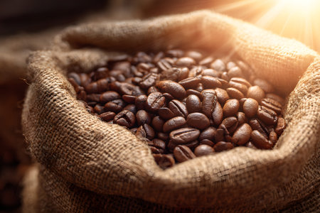 A burlap bag overflows with shiny roasted coffee beans. Soft sunlight filters in, highlighting the texture of the bag and the dark, rich color of the beans, creating an inviting atmosphere.の素材