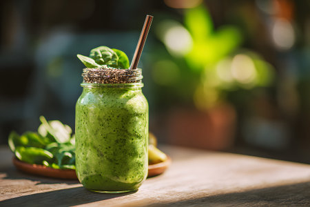 A refreshing green smoothie made with kiwi, cucumber, and various leafy greens sits in a jar on a wooden table. The background features vibrant green foliage, creating a natural atmosphere.の素材
