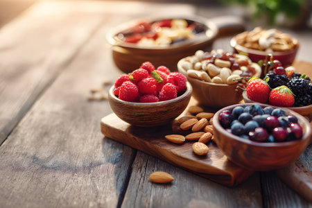 Variety of nuts and dried fruits presented in small wooden bowls on a wooden table. The scene is well-lit, highlighting colorful contrasts and textures of the snacks.の素材
