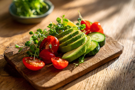 Fresh avocado slices are arranged on a wooden board alongside cherry tomatoes and cucumber slices, all illuminated by soft natural light, creating a vibrant and healthy display.の素材