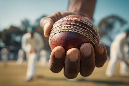 A cricketer holds a red cricket ball firmly in hand, preparing to bowl. Teammates are visible in the background, ready in their positions on a sunny day.の素材
