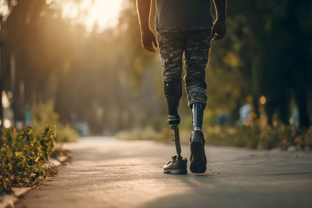 A man uses a prosthetic leg while walking along a quiet path in the forest as the sun sets, casting warm golden light and long shadows across the ground.の素材