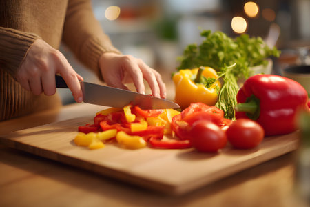 A chef slices red and yellow bell peppers on a wooden cutting board in a warm kitchen. Fresh herbs and cherry tomatoes surround the vibrant vegetables, creating a lively atmosphere.の素材