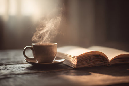 A steaming cup of coffee rests on a small plate next to an open book on a wooden table. Soft light filters through a window, creating a cozy atmosphere perfect for reading.の素材