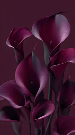 Vibrant calla lilies bloom in shades of deep purple. The striking petals curl gracefully, creating a stunning contrast against the dark backdrop, showing their natural beauty.の素材