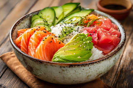 A colorful seafood bowl features slices of fresh salmon and tuna over a bed of rice. Crisp cucumber and avocado add freshness. The dish is presented on a rustic wooden surface.の素材
