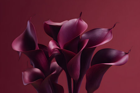Vibrant calla lilies bloom in shades of deep purple. The striking petals curl gracefully, creating a stunning contrast against the dark backdrop, showing their natural beauty.の素材