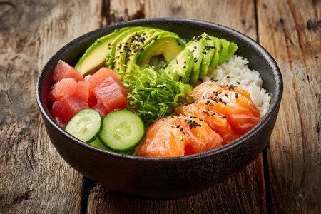 A colorful seafood bowl features slices of fresh salmon and tuna over a bed of rice. Crisp cucumber and avocado add freshness. The dish is presented on a rustic wooden surface.の素材