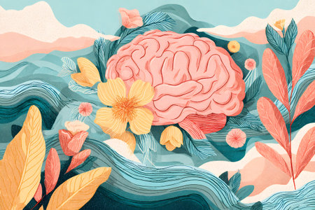 A colorful illustration features a brain floating above gentle waves, surrounded by vibrant flowers and greenery. The scene evokes a sense of calm and creativity, blending nature with the mind.の素材