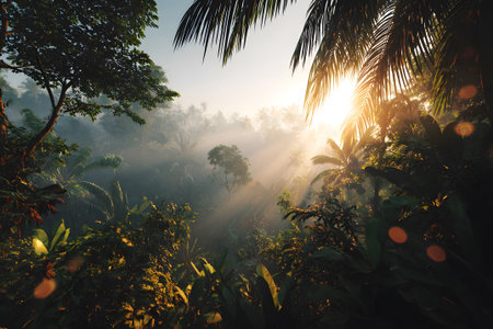 Golden sunlight breaks through the dense foliage of a tropical forest at dawn. Soft mist adds a magical feeling to the vibrant green scenery, creating a serene atmosphere.の素材