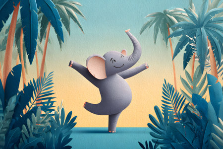 A cheerful elephant is dancing with its arms raised in a tropical setting filled with lush plants as the sun sets in the background, creating a colorful and lively atmosphere.の素材
