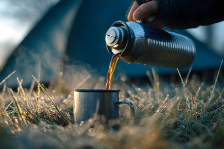 A person pours coffee from a thermos into a metal mug on a cold morning. Dew-kissed grass surrounds the campsite, creating a peaceful outdoor scene.の素材