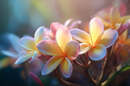 Bright plumeria flowers showcase vibrant pink and yellow petals in a garden. Sunlight enhances their colors, creating a cheerful atmosphere in spring.の素材