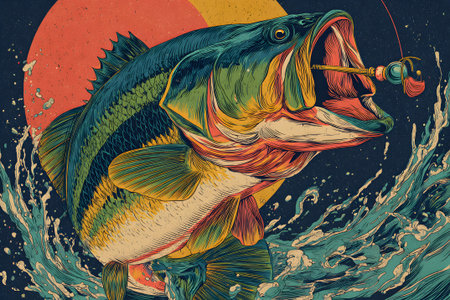 A vibrant bass fish jumps from the water with its mouth wide open, showcasing dynamic splashes and the lure dangling from its mouth. This lively scene captures the thrill of fishing.の素材
