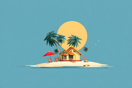 A vibrant beach scene showcases a small house surrounded by palm trees, with a sun overhead. Two lounge chairs and an umbrella invite relaxation on the sandy shore.の素材