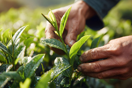 Workers are carefully picking fresh tea leaves in a vibrant, dew-kissed plantation at dawn. The atmosphere is calm and focused on the task at hand.の素材
