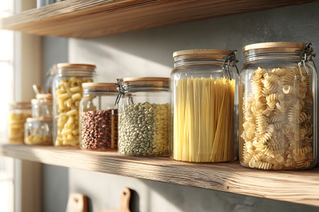 Clear glass jars hold different kinds of pasta and grains on a wooden shelf. Natural light shines through the window, creating a warm atmosphere in the kitchen.の素材