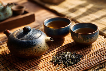 Two delicate tea cups sit beside a teapot on a bamboo mat. Dried tea leaves are displayed on a wooden spoon, capturing a moment of calm and relaxation.の素材