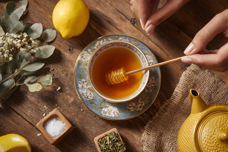 Hands stir gently honey into a cup of herbal tea resting on a textured surface, surrounded by green teas and fresh lemon, creating a serene atmosphere for relaxation.の素材