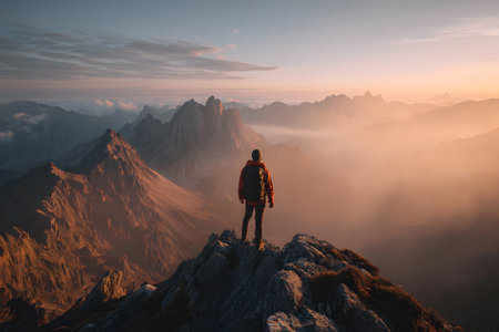 A lone hiker stands on a rocky peak, overlooking rolling hills shrouded in the morning mist. The sun rises, casting a warm glow over the tranquil scene, inviting adventure.の素材