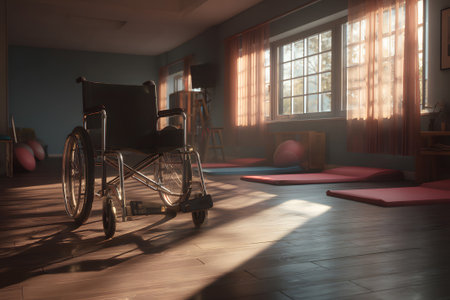 A wheelchair sits in a well-lit therapy room. Sunlight streams through the windows, illuminating yoga mats on the floor, creating a peaceful atmosphere for physical activity.の素材