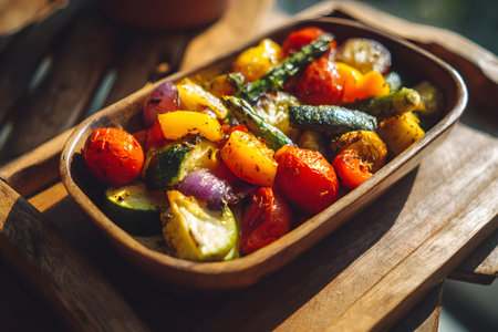 Colorful roasted vegetables are arranged in a wooden tray, showcasing bright tomatoes, zucchini, and bell peppers under warm sunlight. The scene exudes a cozy, inviting atmosphere.の素材