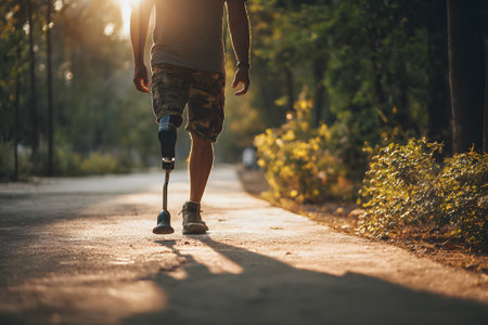 A man uses a prosthetic leg while walking along a quiet path in the forest as the sun sets, casting warm golden light and long shadows across the ground.の素材