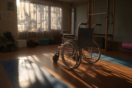 A wheelchair sits in a well-lit therapy room. Sunlight streams through the windows, illuminating yoga mats on the floor, creating a peaceful atmosphere for physical activity.の素材