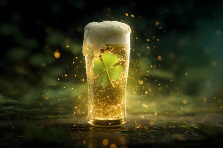 A pint of shimmering beer sparkles with a green shamrock floating inside, radiating a festive atmosphere perfect for celebrations. This drink captures the spirit of joy and togetherness.の素材