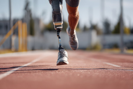 A dedicated athlete trains on a track wearing a prosthetic leg. The sun shines brightly in the background as others engage in various activities nearby.の素材