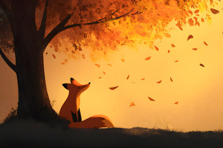 A fox sits peacefully beneath a tree, surrounded by golden leaves. The warm glow of the sunset creates a serene atmosphere in this autumn scene.の素材