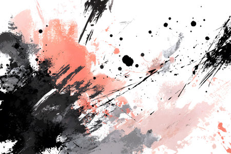 This artwork showcases dynamic black brush strokes intertwined with colorful circles in orange, pink, and black against a soft backdrop. The design offers an energetic and modern feel.の素材