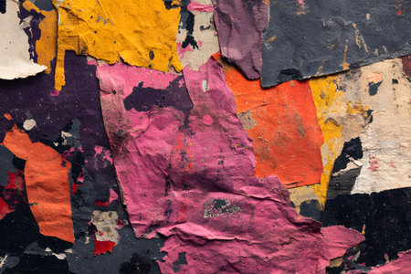 An old wall displays colorful layers of peeling paint in shades of pink, orange, yellow, purple, and black. The vibrant textures tell a story of decay and urban art.の素材