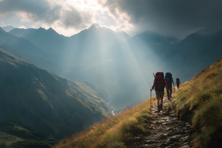 Groups of hikers navigate a rocky path in a mountainous area during sunset. The sky is filled with clouds, creating a beautiful backdrop as they enjoy the landscape.の素材