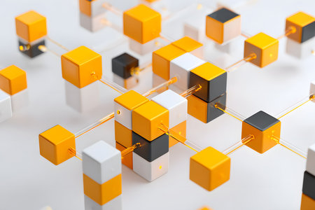Colorful cubes in orange, black, and white are connected by thin lines creating a neat pattern. This artwork showcases a modern digital aesthetic that emphasizes structure and creativity.の素材