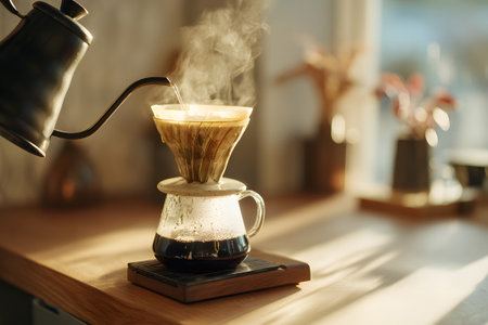A glass jug sits on a wooden table while hot coffee drips through a filter. Steam rises in the air, highlighting the cozy morning vibe of the kitchen.の素材