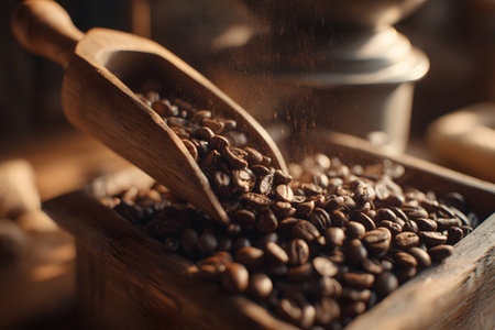 A wooden scoop filled with freshly roasted coffee beans is tipping over, pouring the beans into a rustic wooden box. The warm atmosphere highlights the rich colors of the beans.の素材