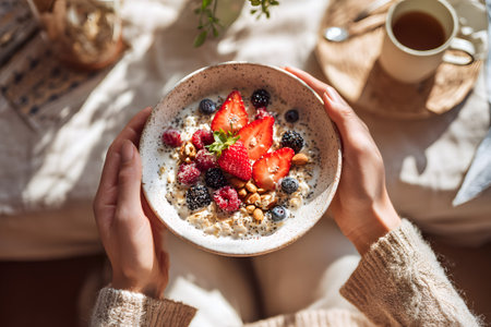 Warm morning light shines on a bowl filled with yogurt, berries, and granola. A person holds the bowl, surrounded by coffee and nuts, creating a cozy breakfast scene.の素材