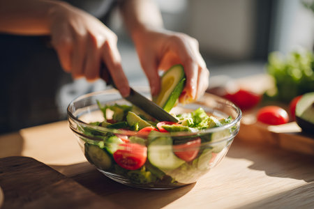 Hands chop fresh vegetables including cucumbers, tomatoes, and lettuce in a clear bowl on a sunny kitchen counter. Fresh ingredients create a vibrant meal.の素材